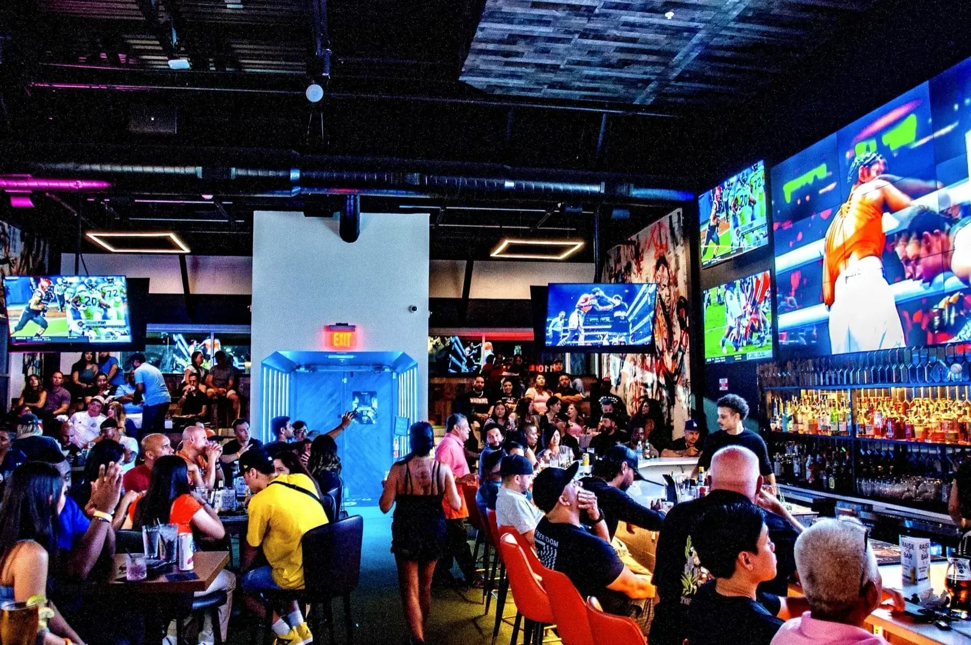 FIFA World Cup 2026 watch party setup at G.O.A.T's Arena Fairview — jumbo screen and wall-to-wall TVs